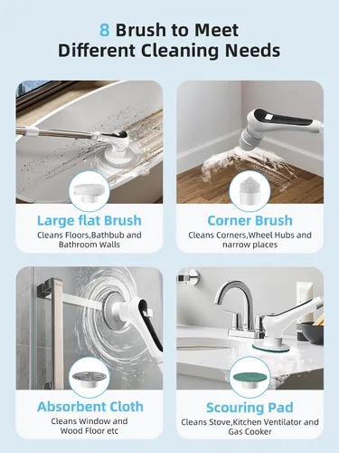 Vista 7 de Limpiador eléctrico giratorio, limpiador de ducha inalámbrico con pantalla de visualización, cepillo de limpieza de baño impermeable IP68, mango