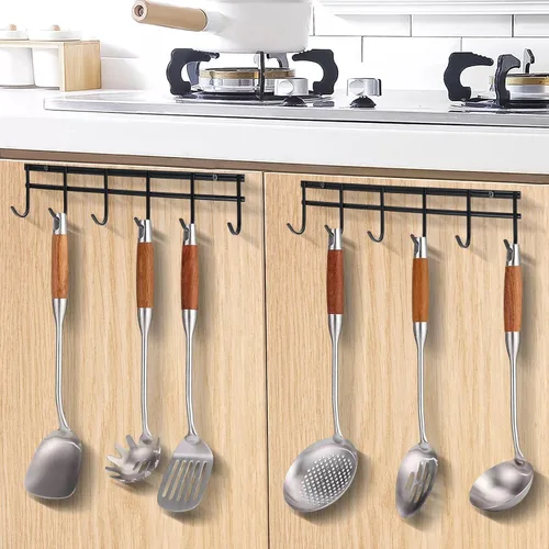 Vista 3 de Colgador de utensilios de cocina, organizador de estante con 6 ganchos, juego de 2 colgadores de pared para utensilios, gancho de pared resistente