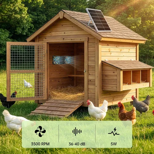 Vista 3 de Ventilador solar para gallinero con funcionamiento 24/7 y 2 temporizadores