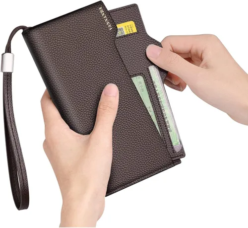 Vista 4 de VANNANBA Cartera larga para hombre, de cuero negro, con cremallera, billetera plegable con bloqueo RFID, cartera para pasaporte con tarjetero