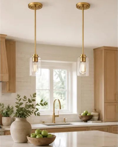 Vista 17 de Luces Colgantes para Isla de Cocina, 7" Luminarias Colgantes Negras y Doradas con Pantalla de Globo de Vidrio Transparente, Iluminación Moderna