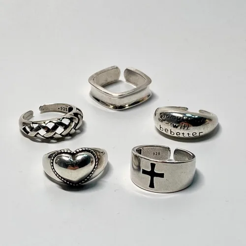 Vista 3 de Anillos de banda ancha de plata de ley 925 vintage hechos a mano para mujeres/hombres, anillo ajustable para el pulgar