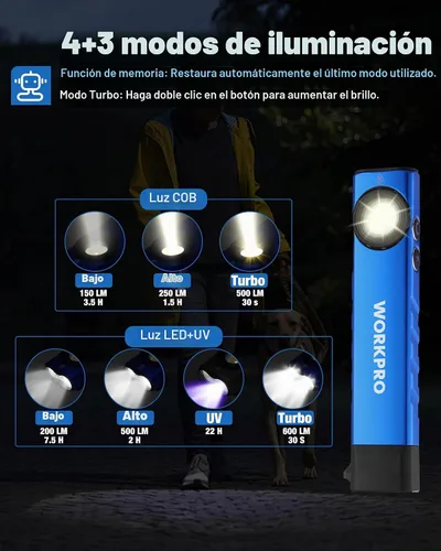 Vista 7 de WORKPRO linterna recargable de trabajo, linterna de bolsillo plana de 600 lúmenes con luz UV, base magnética y clip, linterna LED EDC delgada