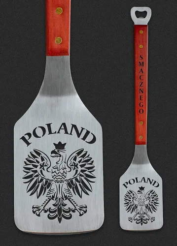 Vista 2 de Polart, Polish White Eagle - Espátula para parrilla de acero inoxidable con abridor de botellas y mango de madera, accesorios de parrilla