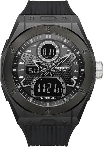 Vista 2 de KXAITO Reloj deportivo con caja de acero inoxidable para hombre, reloj militar, cronómetro LED para exteriores, digital, electrónico, grande