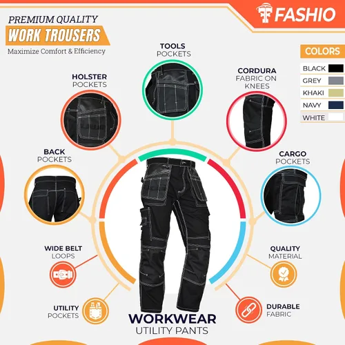 Vista 2 de Pantalones de construcción para hombre con rodillas Cordura reforzadas, pantalones de trabajo de carpintero, pantalones tácticos de seguridad