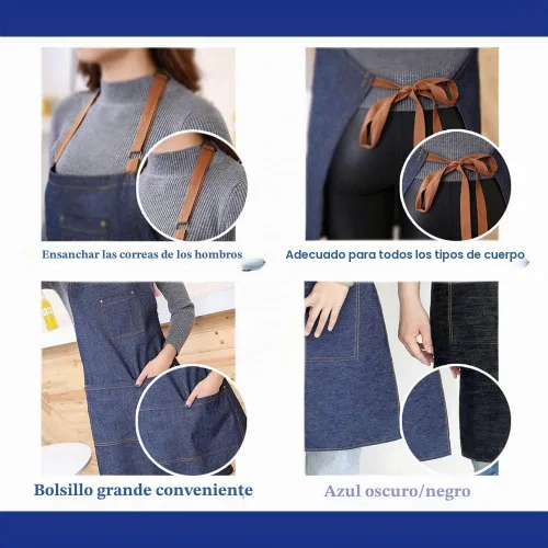 Vista 4 de Delantal de mezclilla con múltiples bolsillos unisex ajustables para cocina, manualidades, cocina Negro