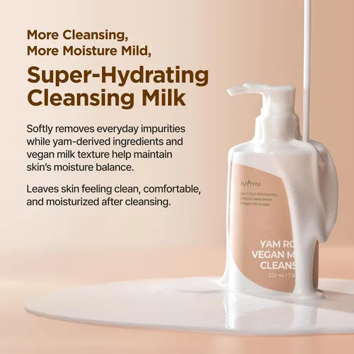 Vista 5 de IsNtree Yam Root Vegan Milk Cleanser 220ml, 7.43 fl.oz Limpiador facial coreano para pieles sensibles Textura rica y cremosa Hidratante