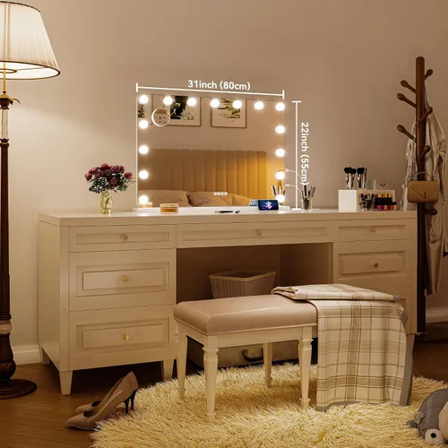 Vista 2 de Hasipu Espejo de maquillaje LED con altavoz Bluetooth, espejo de maquillaje de 31 x 22 pulgadas con luces y aumento, espejo Hollywood con 3 modos