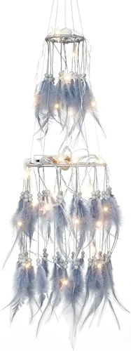 Vista 3 de Dremisland Atrapasueños de Plumas Blancas de Doble Círculo con Luces LED de Hadas Móviles, Adornos Colgantes de Pared, Decoración de Techo