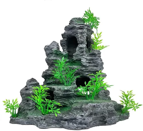 Vista 12 de Adorno de piedra para acuario con vista a la montaña, árbol de cueva de roca, decoración de acuario para peceras para peceras pequeñas, 7.5 pulgadas