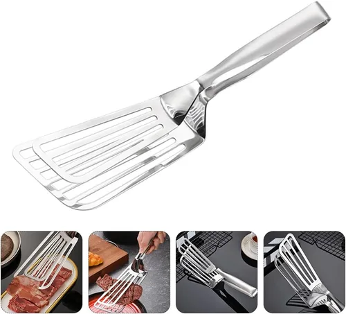 Vista 7 de Yardwe Pinzas de espátula de metal ranuradas, pinzas de cocina, pinzas para alimentos, pinzas para parrilla, pinzas para carne de pescado, pinzas
