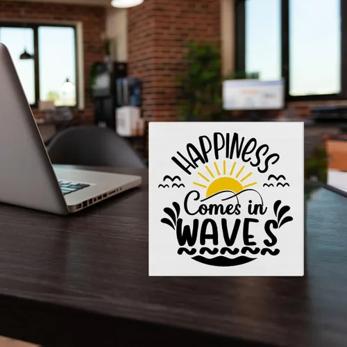 Vista 6 de Letrero de madera con temática de playa, decoración de casa de playa, con texto en inglés «Happiness Comes in Waves», letrero cuadrado de madera