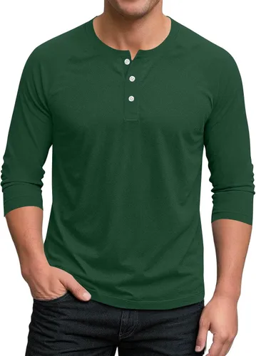 Vista 11 de Ctreela Camiseta Henley de manga 3/4 para hombre, estilo casual, ajustada, color sólido, manga larga, camiseta de béisbol