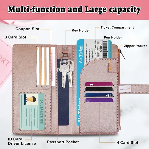 Vista 2 de Sbrinnaliao Cartera de viaje con bloqueo RFID multiuso para pasaporte, Rosado, Classic