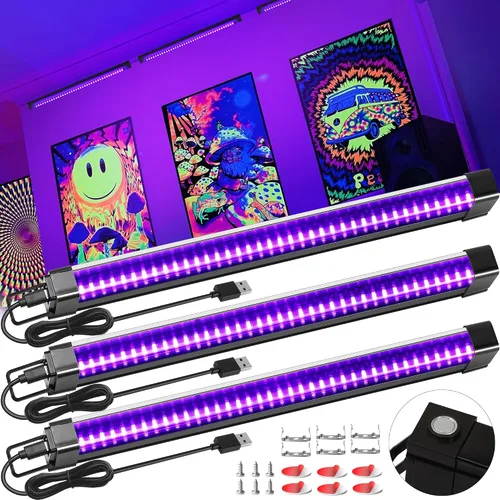 Vista 3 de Tiras de luz negra de 50 pies y control remoto + 3 barras de luz negra, tira de luz negra USB de 12 W y 1 pie para fiesta brillante