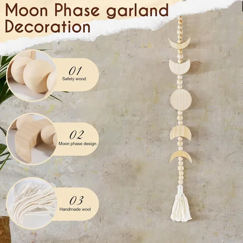 Vista 2 de Colgante de pared de fase lunar de madera, decoración de dormitorio celestial estética bohemia para el hogar (beige)