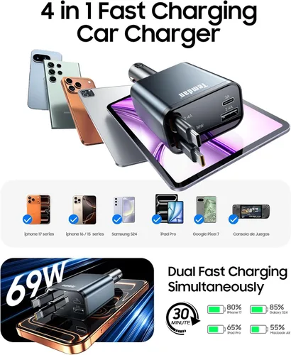 Vista 2 de Temdan Cargador de coche retráctil,75W cargador rápido USB C coche camión Gris