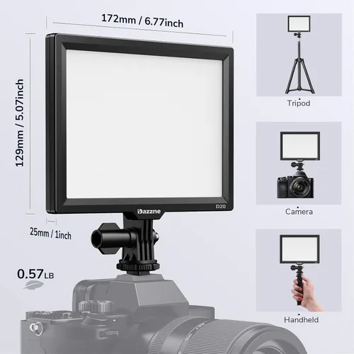 Vista 8 de Luz de cámara, panel de luz de video Dazzne D20 con adaptador de CC y batería recargable a través de USB-C directamente, luz DSLR bicolor