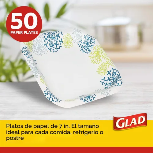 Vista 2 de Glad Everyday - Platos redondos de papel, platos desechables de postre y aperitivo con estampado de hortensias azules para comidas y fiestas, a