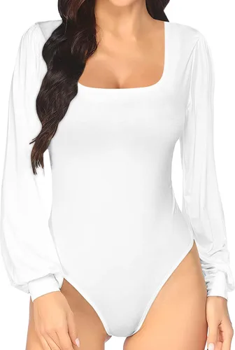 Vista 2 de MANGOPOP Body de manga abombada con cuello cuadrado y manga larga para mujer para salir