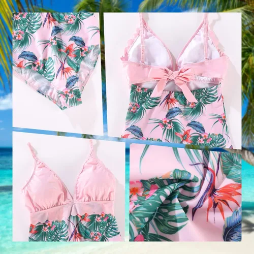 Vista 6 de Yanmucy Trajes de baño familiares a juego para parejas con estampado floral, traje de baño de una pieza para padres e hijos