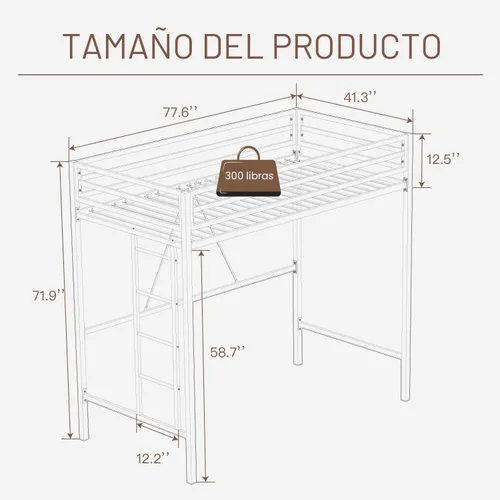 Vista 2 de ikalido - Cama tipo loft de metal, tamaño individual, con barandilla de seguridad y escalera, color blanco crema No necesita somier, muebles