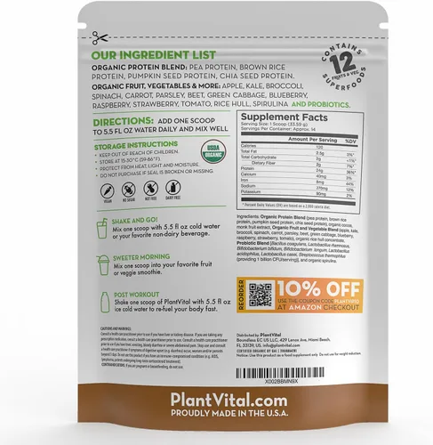 Vista 6 de PlantVital Proteína vegana en polvo a base de plantas, proteína orgánica en polvo de chocolate, 0.85 oz/0.00 oz de azúcar, 12 superalimentos