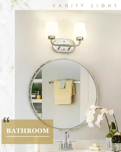 Vista 6 de AD-22004-2W-SN - Lámparas de baño sobre espejo, 2 luces de níquel cepillado con vidrio blanco leche, apliques de pared vintage de granja