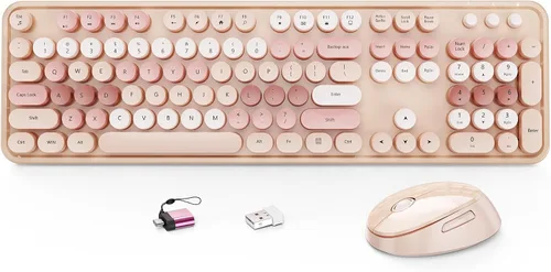 Vista 11 de HotFox Combo de Teclado y Ratón Inalámbrico, Teclado Retro de Máquina de Escribir de Tamaño Completo con Keycaps Redondos, Diseño Ergonómico para PC