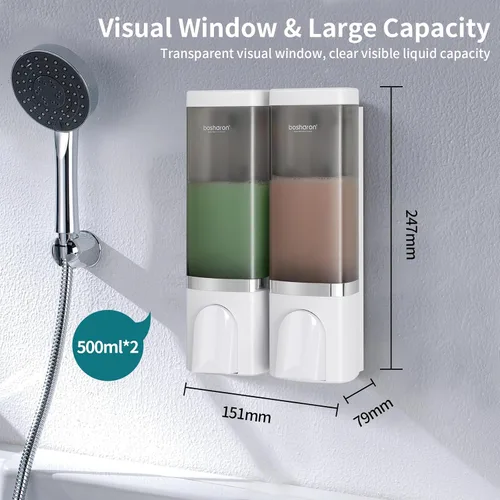 Vista 4 de Dispensador de jabón de ducha 2 en 1, 2 dispensadores de champú y acondicionador de 16.9 fl oz, dispensador de ducha montado en la pared, 2 cámaras