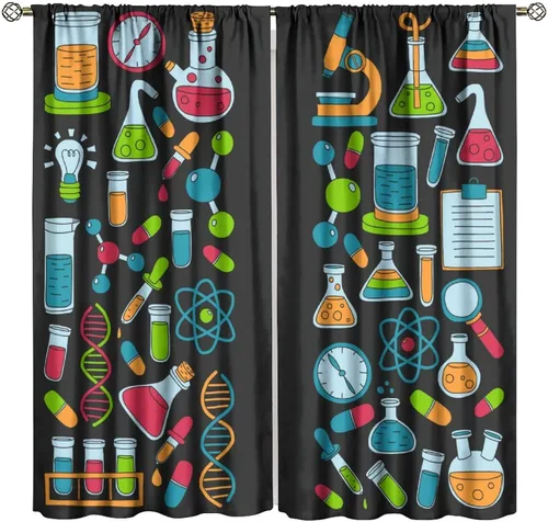 Vista 10 de Cortinas opacas para ventanas de ciencia para niños, lupa de libro de laboratorio de ciencia, lupa, frascos moleculares, cortinas impresas