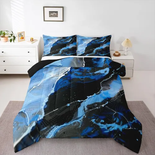 Vista 11 de Feelyou Juego de edredón abstracto para todas las estaciones, juego de ropa de cama negro y azul con 1 funda de almohada con estampado de mármol