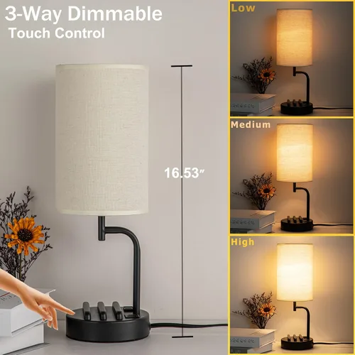 Vista 2 de Lámpara de mesa USB con control táctil Dreamholder, lámpara de noche mejorada de 3 vías regulable con puertos de carga USB C & A y tomacorriente AC
