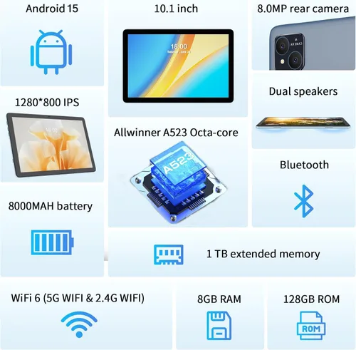 Vista 2 de Tablet Android 15, tabletas 2 en 1 de 10 pulgadas con funda para teclado y lápiz capacitivo, procesador Octa-Core de 128 GB, Wi-Fi 6 5G, pantalla HD