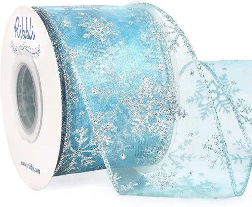 Vista 6 de Ribbli Cinta con alambre de purpurina de copo de nieve, organza dorada transparente con patrón de copo de nieve con purpurina dorada y borde