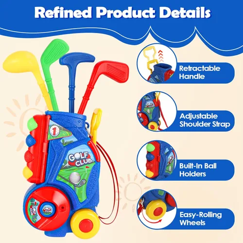 Vista 8 de SUPER JOY Juego de golf para niños pequeños, carrito de golf para niños con 4 palos y 8 pelotas, palos de golf para interiores y exteriores, palos