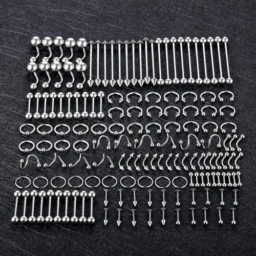 Vista 4 de Xpircn Kit de 150 piercings de acero inoxidable para labios, nariz, lengua, tragus, cartílago, daith, cejas, ombligo, ombligo, piercing