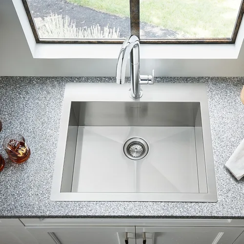 Vista 2 de American Standard 18SB.9252211.075 Edgewater Zero Radius Dual Mount 25x22 tazón individual con rejilla y drenaje, acero inoxidable