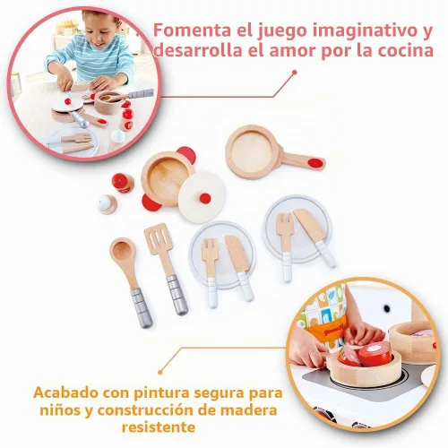 Vista 5 de Hape Cook & Serve Set Juego de cocina de madera de 13 piezas con accesorios Multicolor