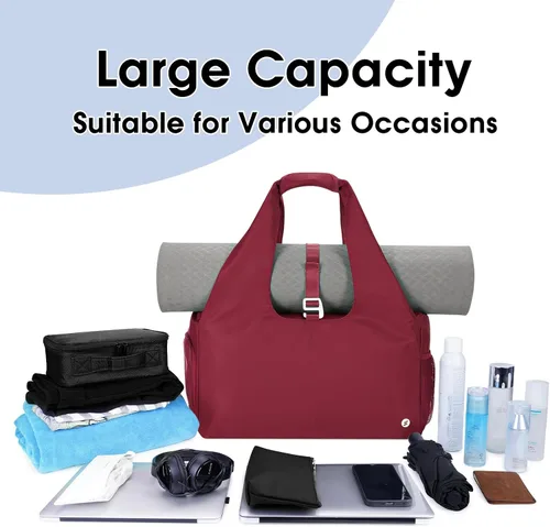 Vista 5 de Bolsa de gimnasio para mujer con compartimento para zapatos y bolsillo húmedo con soporte ajustable para esterilla de yoga