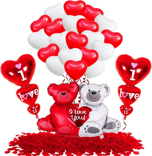 Vista 3 de KatchOn, Juego de globos I Love You, grande, paquete de 2043, juego de globos de oso de peluche grandes, pétalos de rosa rojos, globos de San
