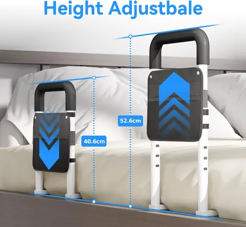 Vista 3 de Barandillas de cama para adultos mayores de seguridad - Diseño ajustable de tubo plano para personas mayores con bolsillo de almacenamiento y asa