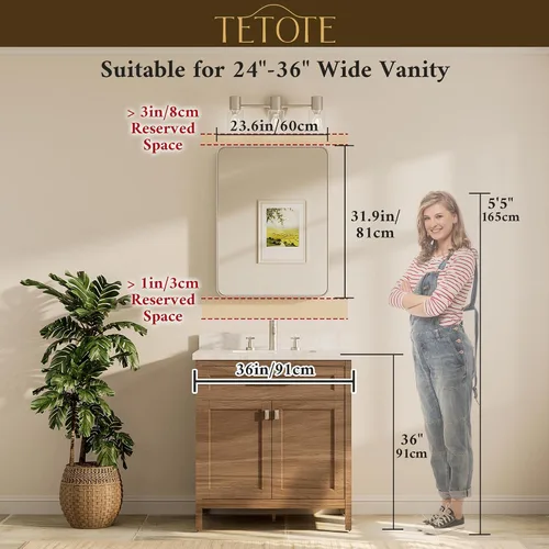 Vista 105 de TETOTE Espejo de marco dorado cepillado de 16 x 24 pulgadas, espejo de tocador de baño de latón dorado para pared, espejo enmarcado rectangular
