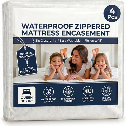Vista 9 de EcoLaire - Protector de colchón tamaño Queen, impermeable, a prueba de ácaros, 6 lados con 3 cremalleras laterales, 60 x 80 x 13 pulgadas