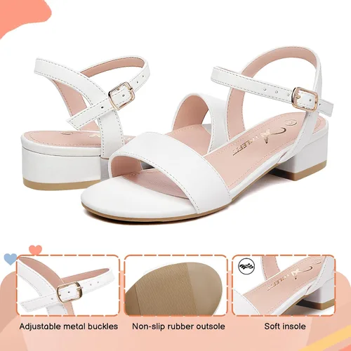 Vista 11 de Athlefit Sandalias para niñas, puntera abierta, correa en el tobillo, tacones bajos, zapatos de vestir para niñas pequeñas y grandes