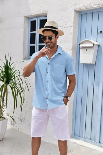 Vista 2 de Bbalizko Mens Short Sleeve Button Up Shirts Linen Cotton Beach Tops Spread Collar Plain Summer T Shirt with Pocket