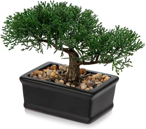 Vista 9 de Árbol bonsái artificial con maceta de porcelana azul y blanca, bonsái falso para decoración de escritorio de oficina en casa, decoración oriental