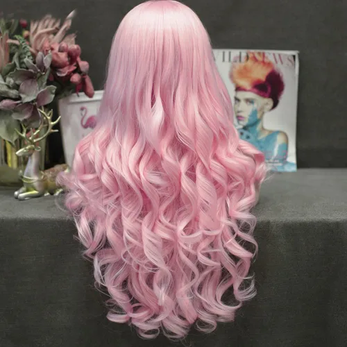 Vista 3 de IMSTYLE Peluca sintética larga y ondulada con encaje frontal rosa para mujer, línea capilar natural, para fiesta de cosplay, Halloween, resistente