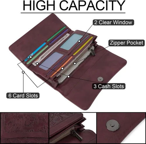 Vista 47 de MEITRUE Cartera de cuero para mujer, con bloqueo RFID, triple pliegue, con relieve, soporte para tarjetas, organizador de chequera para teléfono